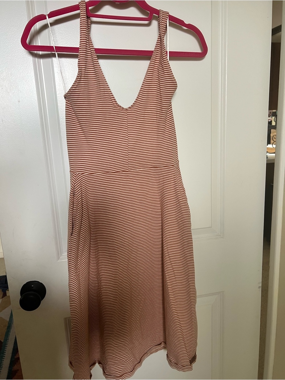 Pact Striped V-Neck Sleeveless Midi Dress - Pink and Tan